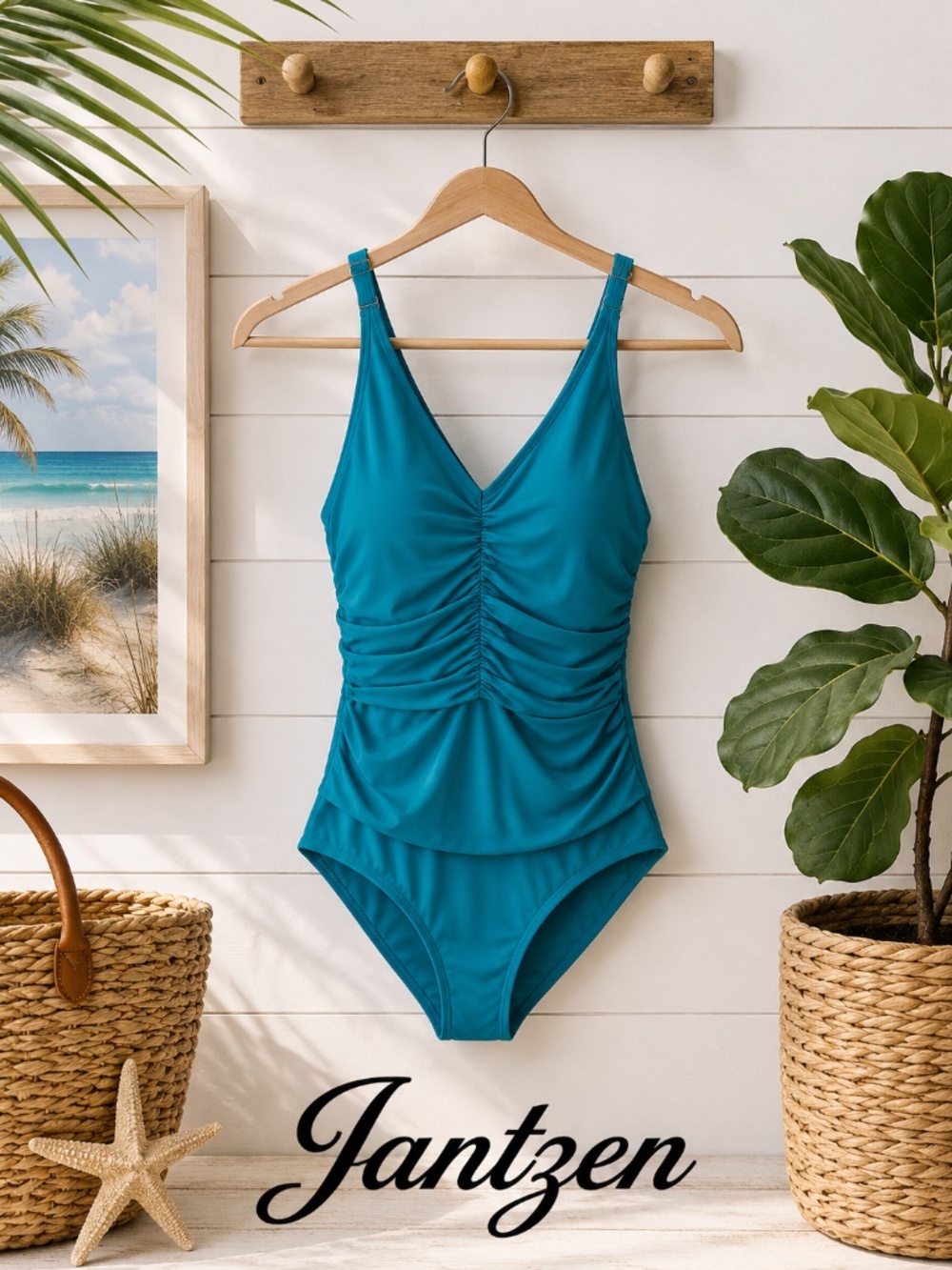 NWT Jantzen Women's Bathing Suit Solid One Piece Sz-10 Ideal Teal JZ22701M